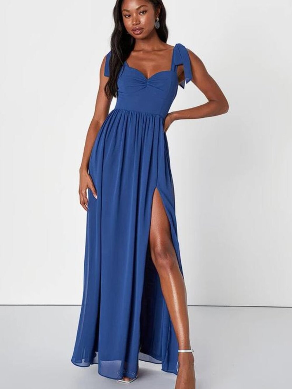 LULUS Women's Radiant Charisma Blue Chiffon Ruched Tie-Strap Maxi Dress (Snags)